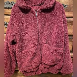 Zaful women’s burgundy fluffy bomber jacket